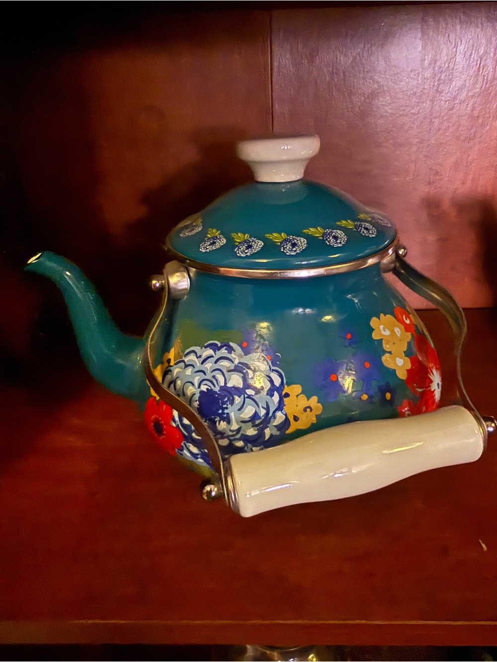 Pioneer Woman Teal Floral Ceramic Teapot with Ivory Handle